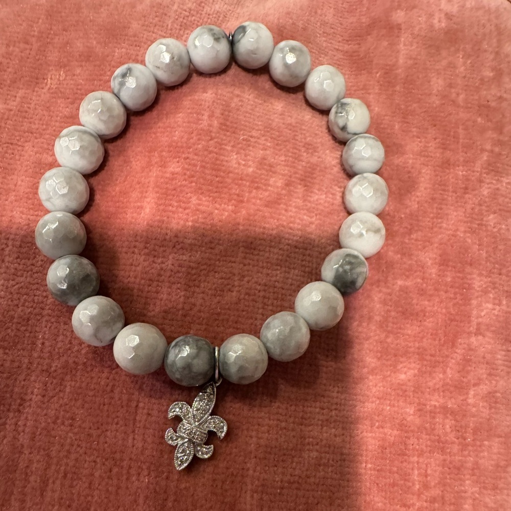 14k Howlite  , diamond fleur de lis charm